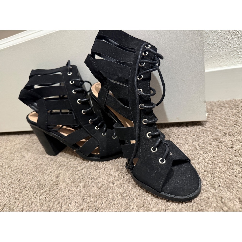 Novo Black Caged Gladiator Lace Up Block Heel Sandals Women Size 9